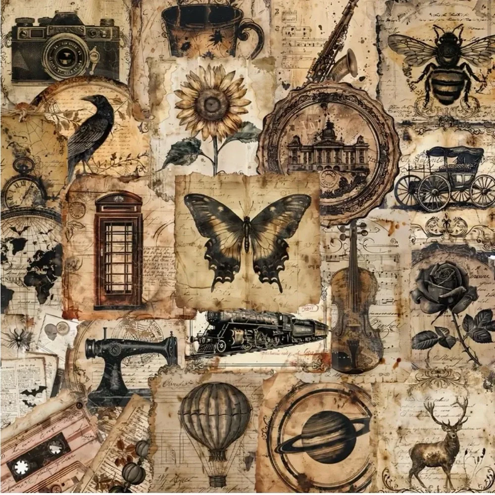 50 Old World Vintage Stickers Sepia Shades Insects Nature Cars Instruments - Picture 2 of 8